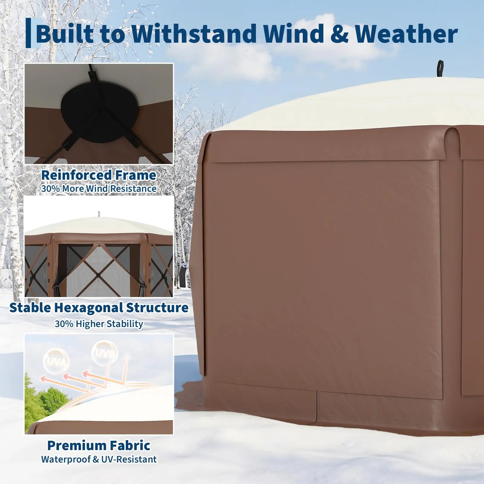 11.5 x 11.5 FT Quick-Setup Pop-Up Gazebo with Full Mesh Walls and 6 Removable Wind Panels, Windproof Mosquito Netting Canopy Shelter for All-Weather Outdoor Use in Patio, Camping, Garden, and Backyard - Khaki