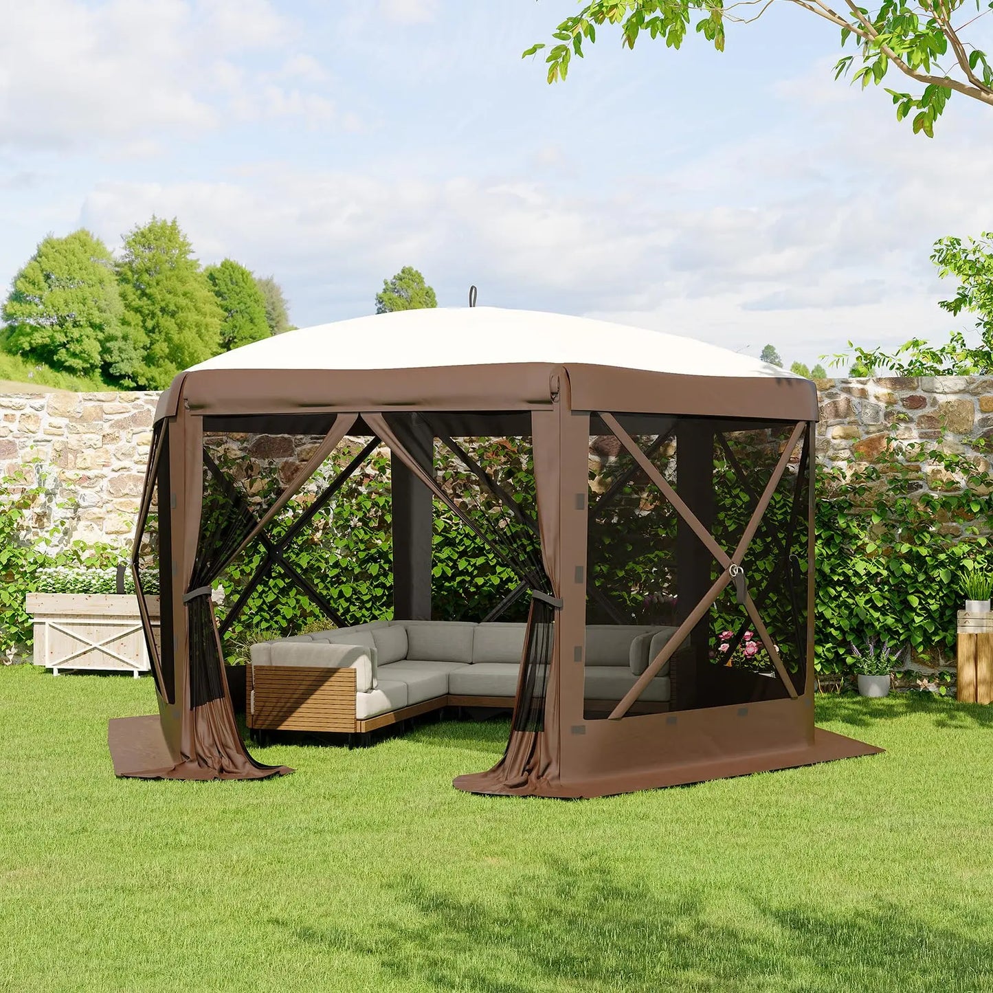 11.5 x 11.5 FT Quick-Setup Pop-Up Gazebo with Full Mesh Walls and 6 Removable Wind Panels, Windproof Mosquito Netting Canopy Shelter for All-Weather Outdoor Use in Patio, Camping, Garden, and Backyard - Khaki