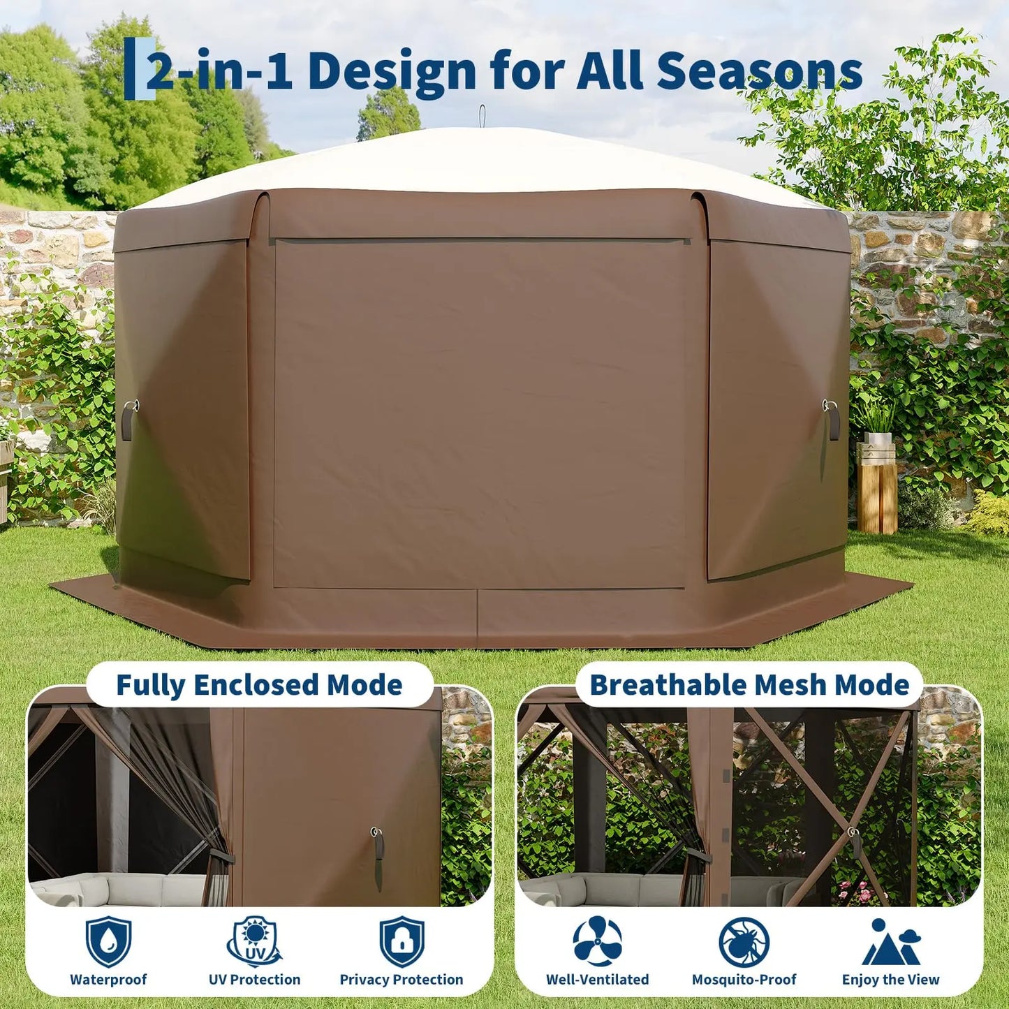11.5 x 11.5 FT Quick-Setup Pop-Up Gazebo with Full Mesh Walls and 6 Removable Wind Panels, Windproof Mosquito Netting Canopy Shelter for All-Weather Outdoor Use in Patio, Camping, Garden, and Backyard - Khaki