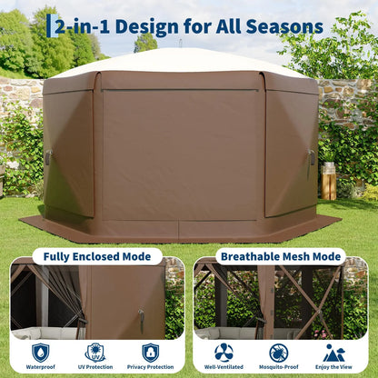11.5 x 11.5 FT Quick-Setup Pop-Up Gazebo with Full Mesh Walls and 6 Removable Wind Panels, Windproof Mosquito Netting Canopy Shelter for All-Weather Outdoor Use in Patio, Camping, Garden, and Backyard - Khaki