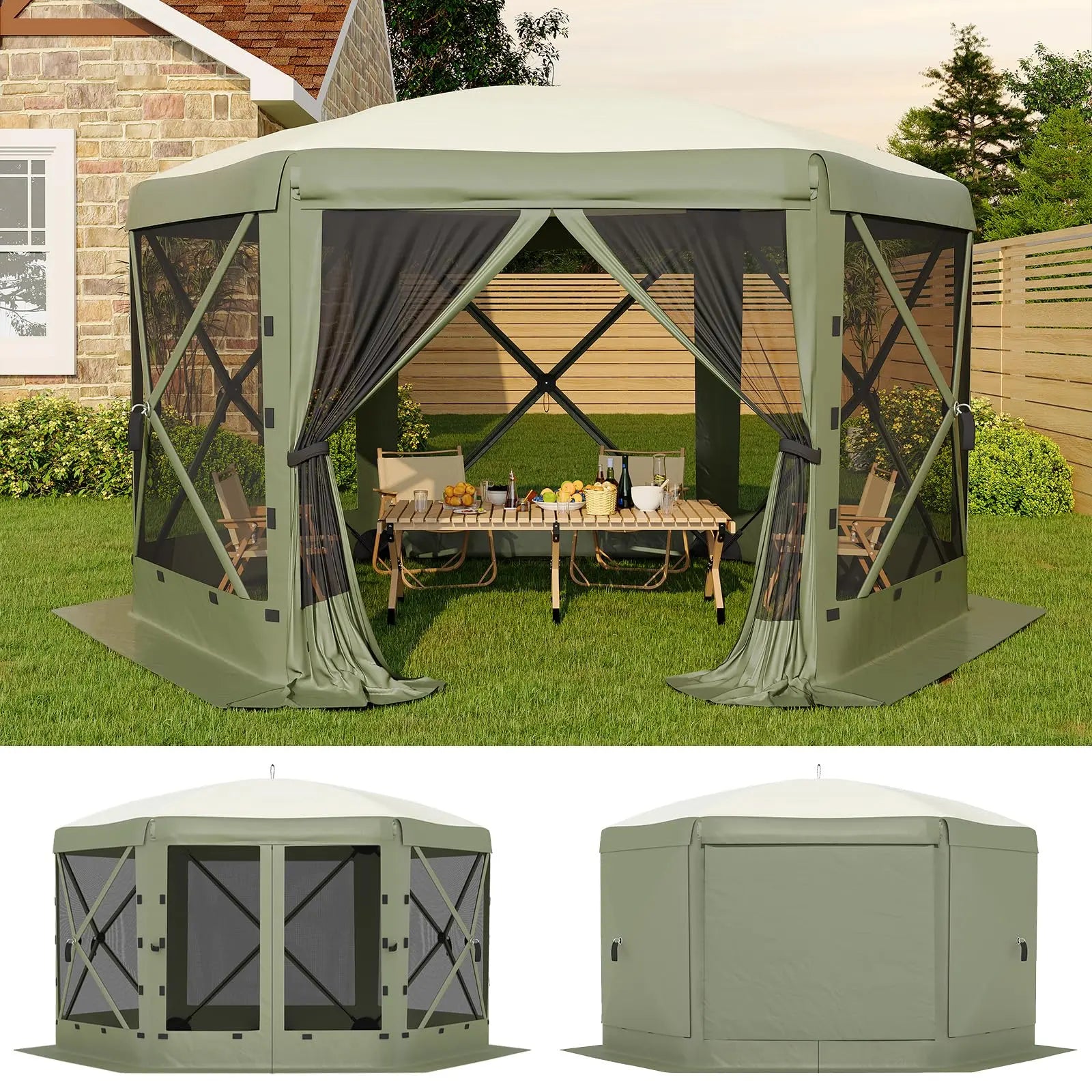 11.5 x 11.5 FT Quick-Setup Pop-Up Gazebo with Full Mesh Walls and 6 Removable Wind Panels, Windproof Mosquito Netting Canopy Shelter for All-Weather Outdoor Use in Patio, Camping, Garden, and Backyard - Khaki