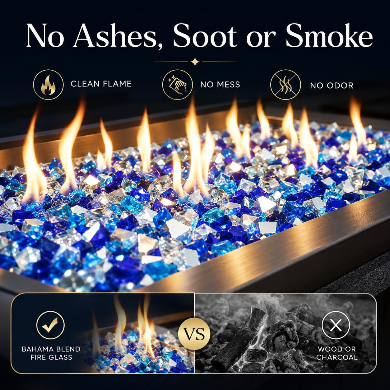 20 Lbs Fire Glass 1/2 Inch for Fire Pit Fireplace, Bahama Blend | High-Luster Reflective Tempered Glass Rocks, Fire Pit Glass Safe for Natural Gas or Propane Indoor Outdoor Use