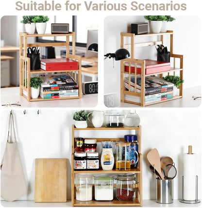3-Tier Bamboo Spice Rack - Adjustable Kitchen Countertop Organizer for Herbs, Jars, and Bottles