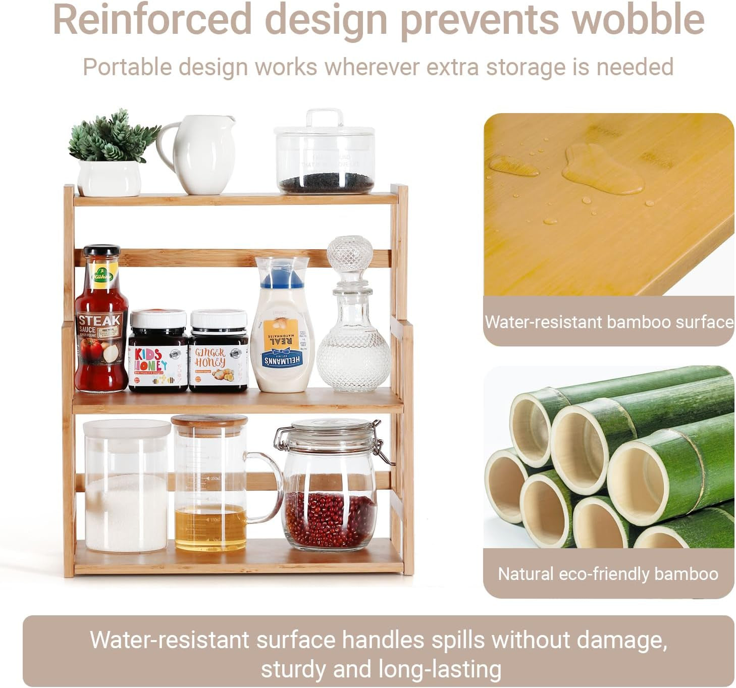 3-Tier Bamboo Spice Rack - Adjustable Kitchen Countertop Organizer for Herbs, Jars, and Bottles