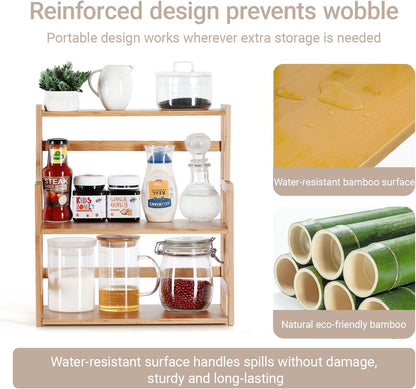 3-Tier Bamboo Spice Rack - Adjustable Kitchen Countertop Organizer for Herbs, Jars, and Bottles