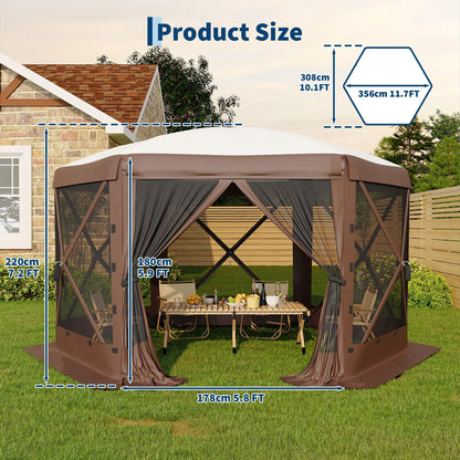11.5 x 11.5 FT Quick-Setup Pop-Up Gazebo with Full Mesh Walls and 6 Removable Wind Panels, Windproof Mosquito Netting Canopy Shelter for All-Weather Outdoor Use in Patio, Camping, Garden, and Backyard - Khaki
