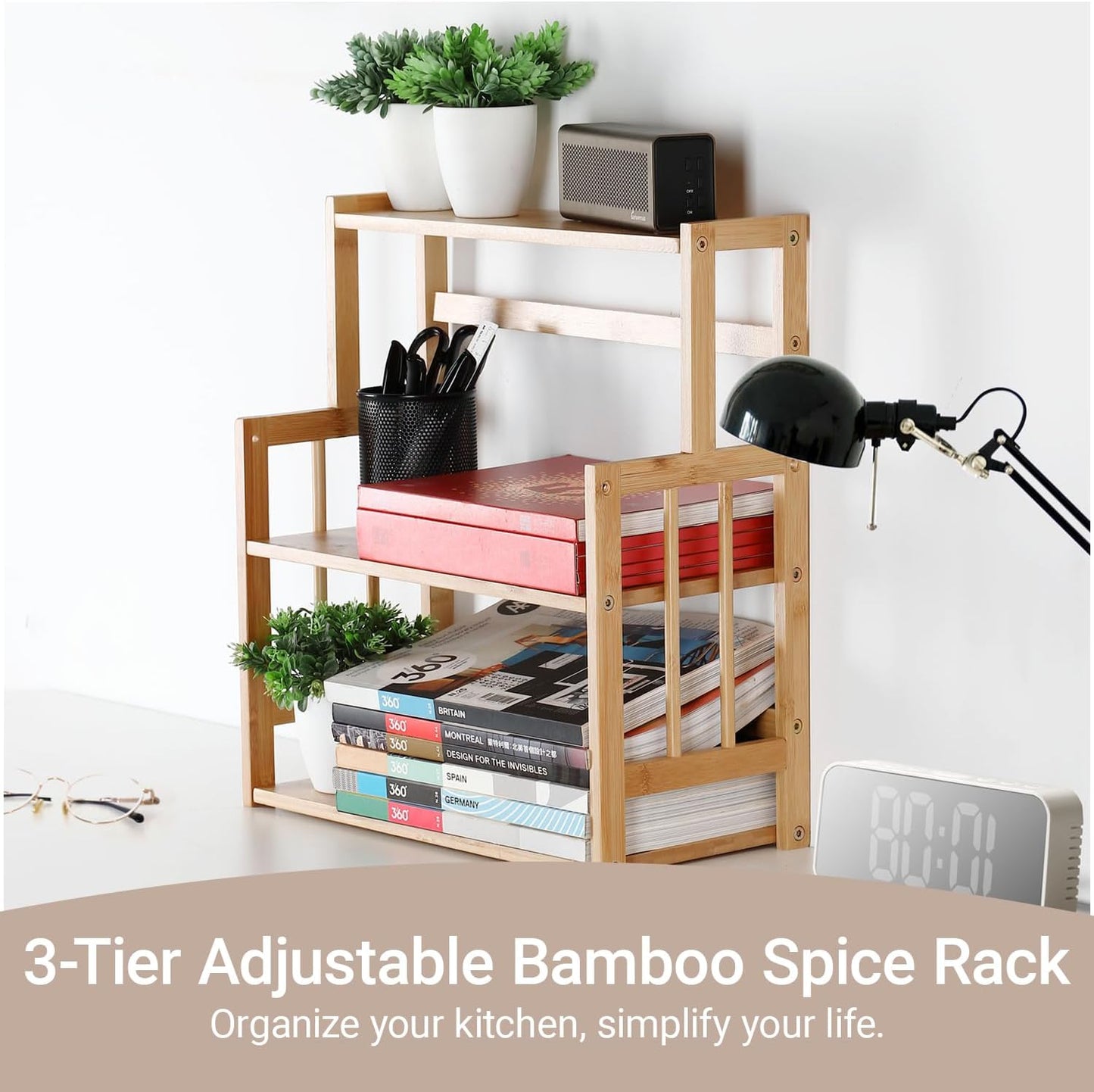 3-Tier Bamboo Spice Rack - Adjustable Kitchen Countertop Organizer for Herbs, Jars, and Bottles