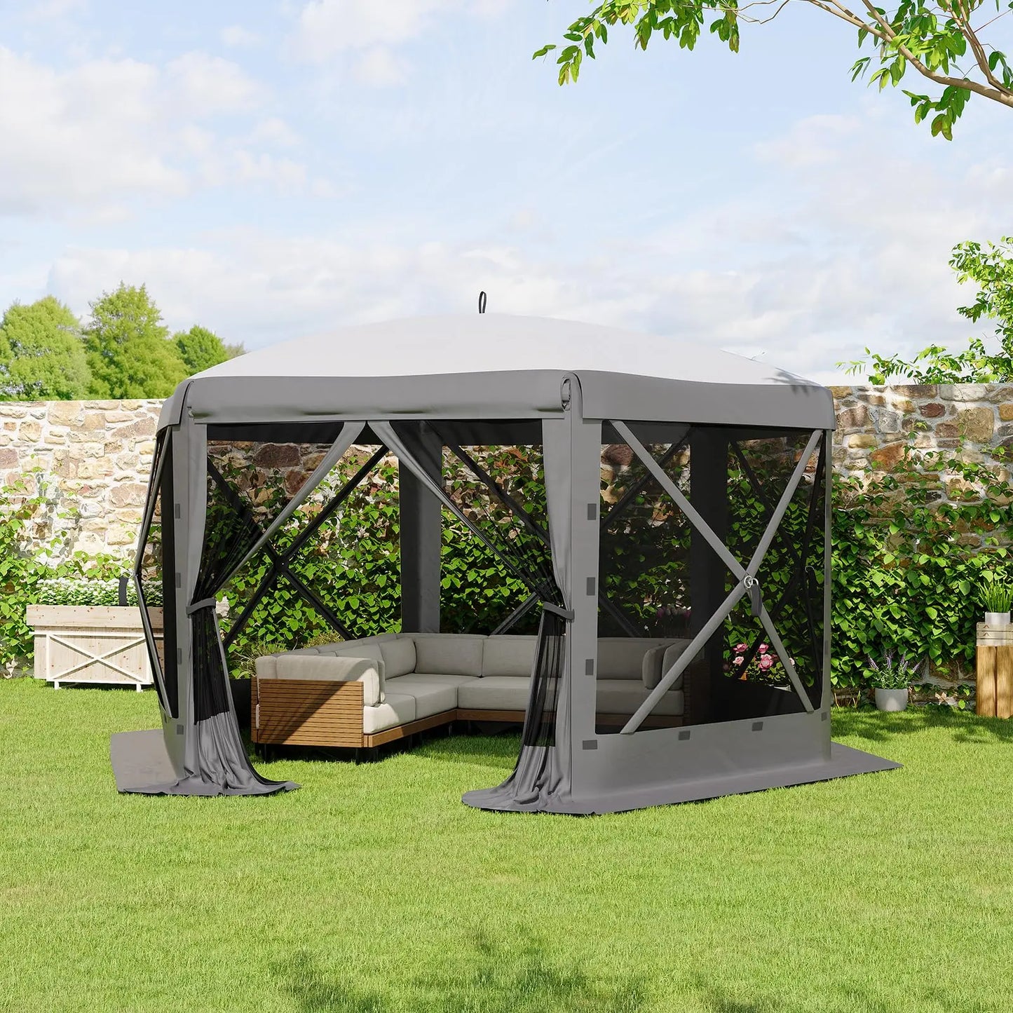 11.5 x 11.5 FT Quick-Setup Pop-Up Gazebo with Full Mesh Walls and 6 Removable Wind Panels, Windproof Mosquito Netting Canopy Shelter for All-Weather Outdoor Use in Patio, Camping, Garden, and Backyard - Khaki