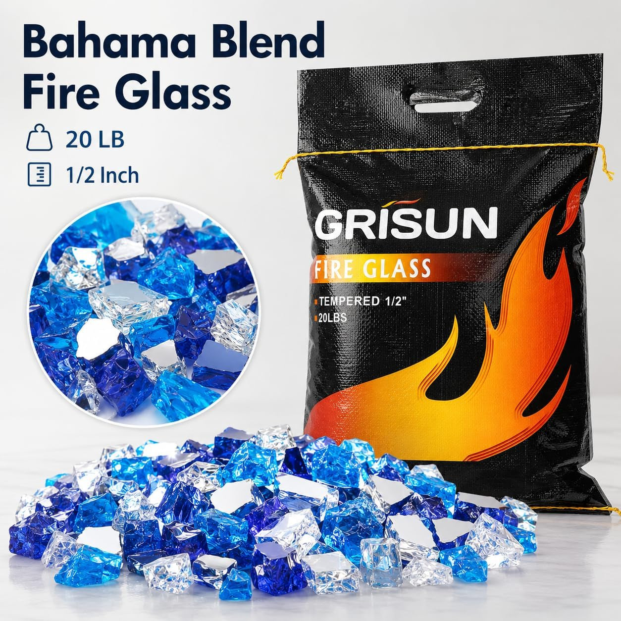 20 Lbs Fire Glass 1/2 Inch for Fire Pit Fireplace, Bahama Blend | High-Luster Reflective Tempered Glass Rocks, Fire Pit Glass Safe for Natural Gas or Propane Indoor Outdoor Use