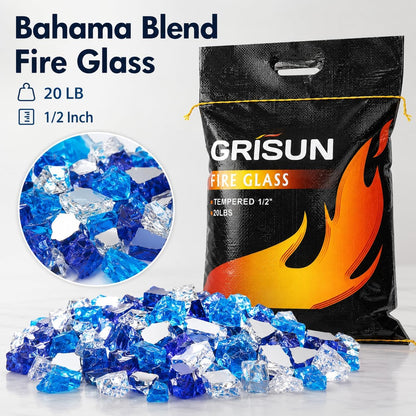 20 Lbs Fire Glass 1/2 Inch for Fire Pit Fireplace, Bahama Blend | High-Luster Reflective Tempered Glass Rocks, Fire Pit Glass Safe for Natural Gas or Propane Indoor Outdoor Use