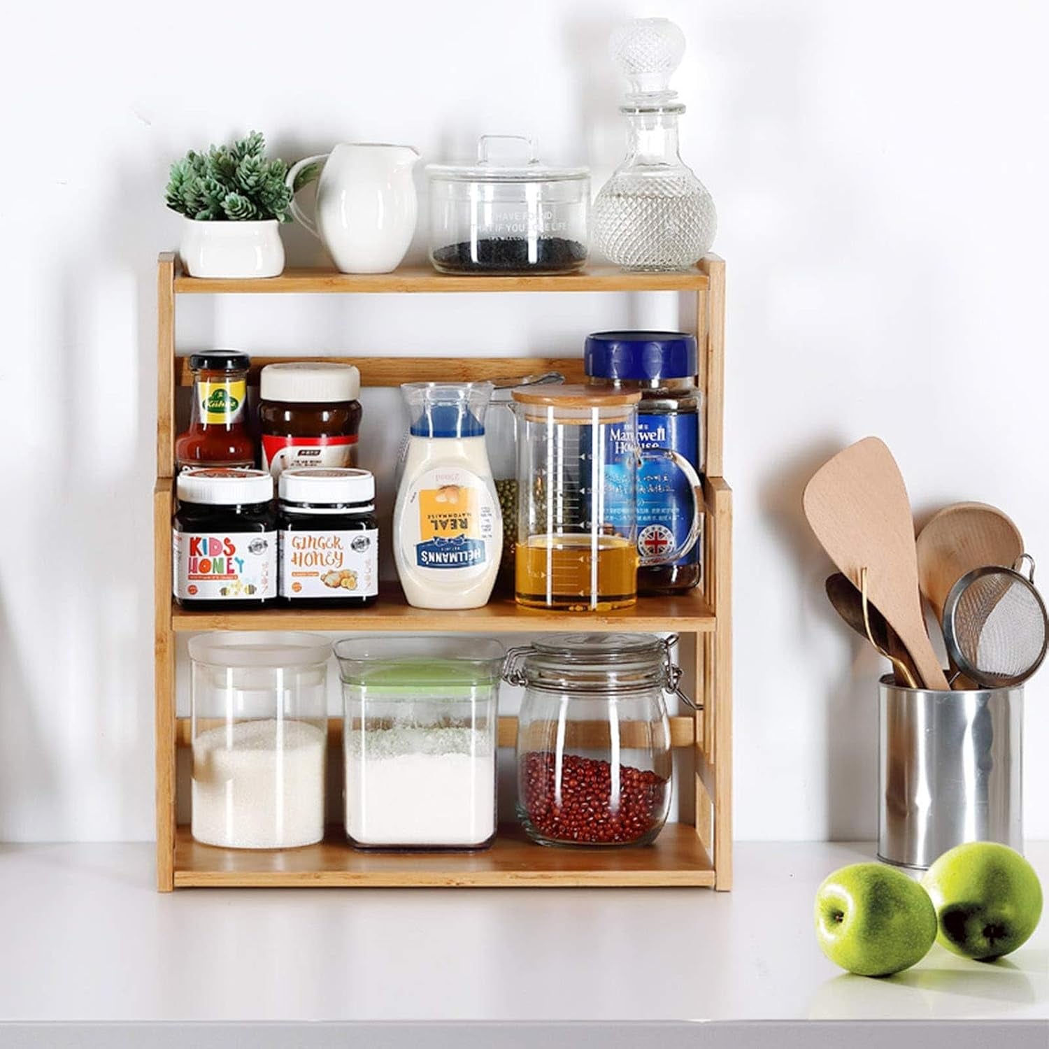 3-Tier Bamboo Spice Rack - Adjustable Kitchen Countertop Organizer for Herbs, Jars, and Bottles