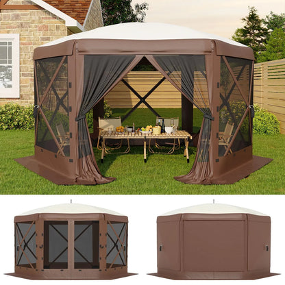 11.5 x 11.5 FT Quick-Setup Pop-Up Gazebo with Full Mesh Walls and 6 Removable Wind Panels, Windproof Mosquito Netting Canopy Shelter for All-Weather Outdoor Use in Patio, Camping, Garden, and Backyard - Khaki