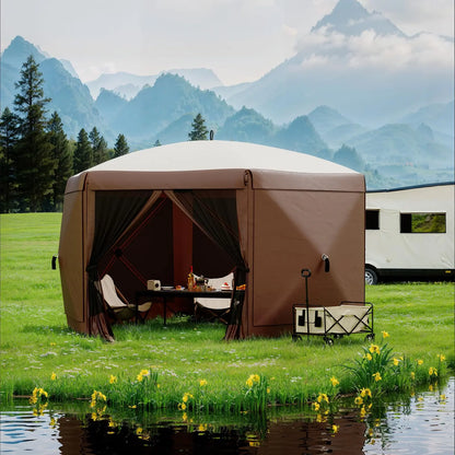 11.5 x 11.5 FT Quick-Setup Pop-Up Gazebo with Full Mesh Walls and 6 Removable Wind Panels, Windproof Mosquito Netting Canopy Shelter for All-Weather Outdoor Use in Patio, Camping, Garden, and Backyard - Khaki