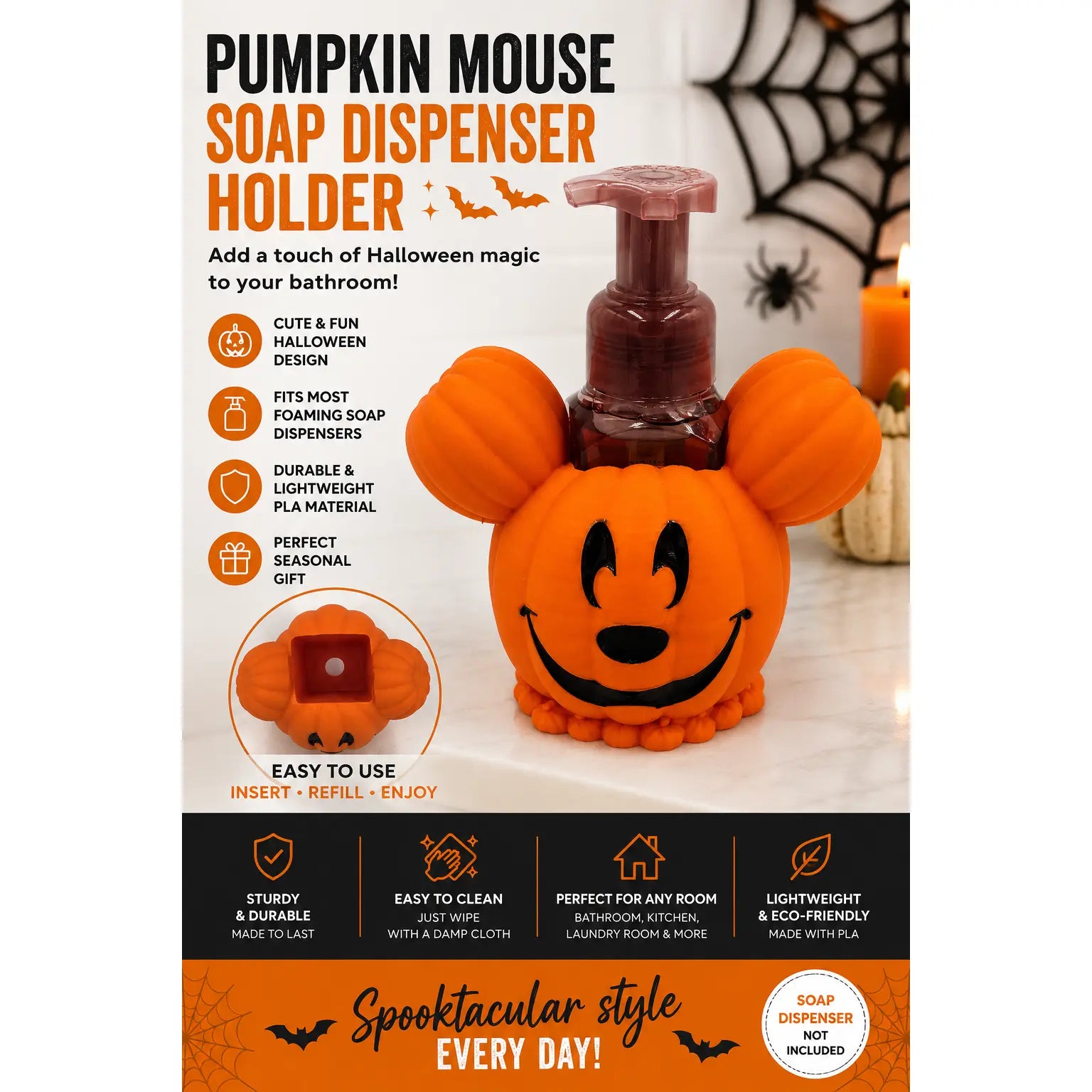 Pumpkin Mouse Soap Dispenser Holder – Halloween Bathroom Decor