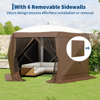 11.5 x 11.5 FT Quick-Setup Pop-Up Gazebo with Full Mesh Walls and 6 Removable Wind Panels, Windproof Mosquito Netting Canopy Shelter for All-Weather Outdoor Use in Patio, Camping, Garden, and Backyard - Khaki